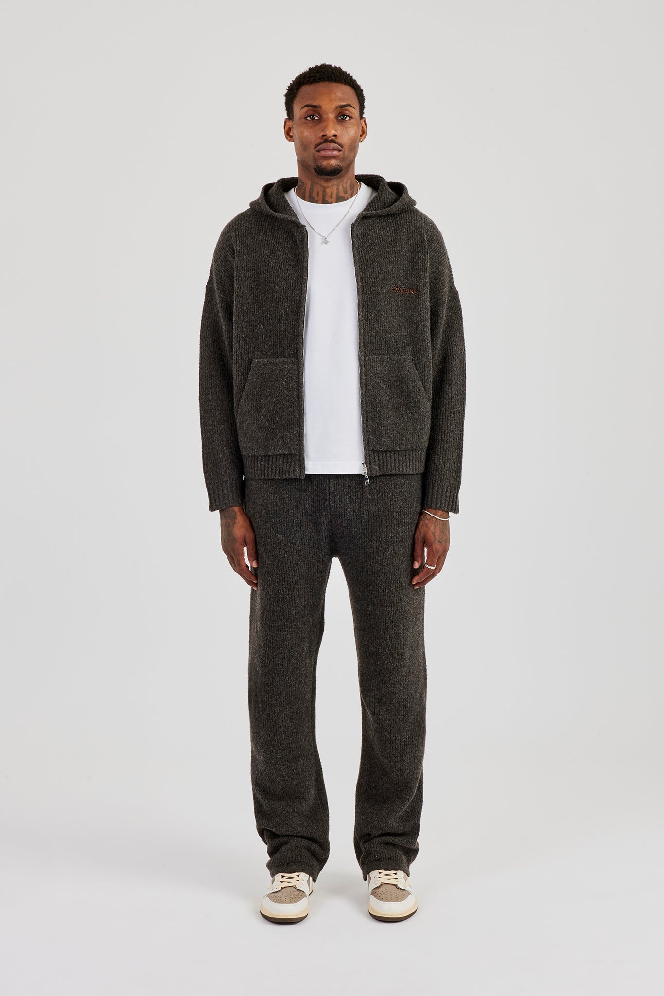 Embroidered Knitted Zip Hoodie & Jogger - Chocolate